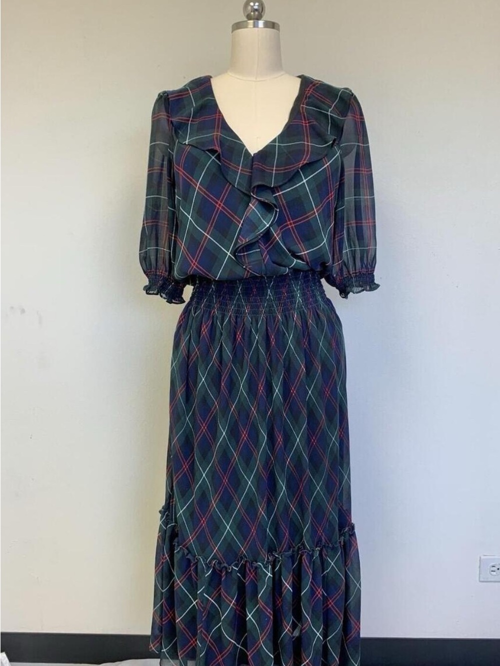 Ralph Lauren Plaid Ruffle V-Neck Maxi Dress in Dark Green